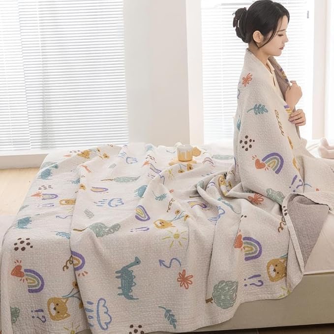 Bnitoam Dinosaur 100% Cotton Bed Blanket 80x92 3 Layer Muslin Blanket Cooling Breathable Lightweight Summer Gauze Throw for Hot Sleepers Adult Birthday Gift (Print Dinosaur 80x92)
