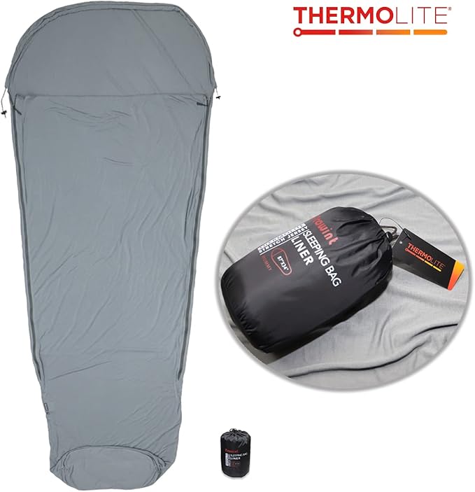 BROWINT Thermolite Sleeping Bag Liner with Zippers for Cold Weather Lightweight Mummy with Hood &amp Rectangular Sleep Sack for Adult Adds Warmth Thermal Travel Liner All Season