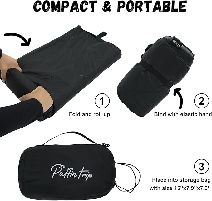 Wearable Warm Camping Blanket Waterproof Windproof Quilted Fleece Stadium Outdoor Blanket with Portable Bag for Cold Weather Camping Picnic Sports Pet Beach Travel Car 79*55 inches Black
