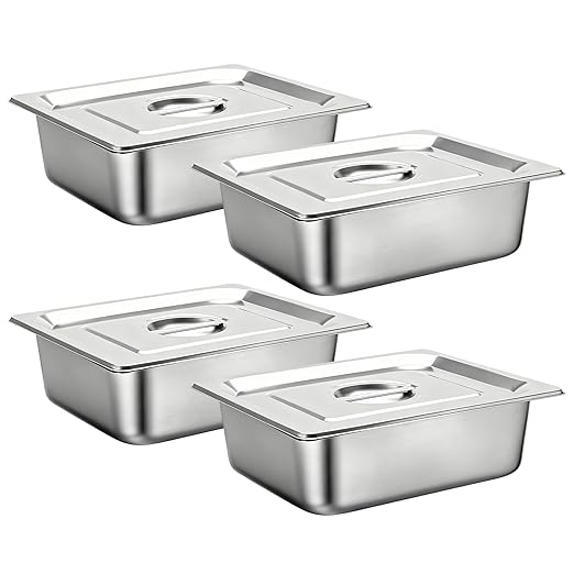 4 Pack Stainless Steel Hotel Pan1/2 Half Size Steam Pan with Lid4-Inch Deep Steam Table Pan for Home Kitchens Parties Hotel Buffets &amp Casual Gatherings (12.8”L x 10.4”W)