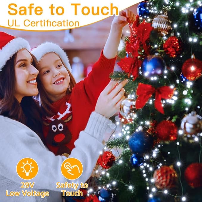 Ollny Christmas Lights 198 FT 600 LED Outdoor Waterproof Plug in Christmas Tree Lights with 8 Modes Remote Timer String Lights for House Yard Outside Indoor Xmas Decorations White