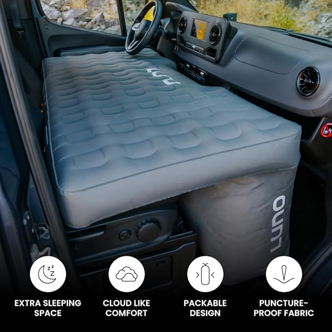 Luno Van Front Cab AIR Mattress - Inflatable Sleeping Van Bed for Travelers &amp Campers - Front Seat Air Mattress Fits Ford Transit Mercedes Sprinter RAM Promaster Winnebago Solis &amp Other Van