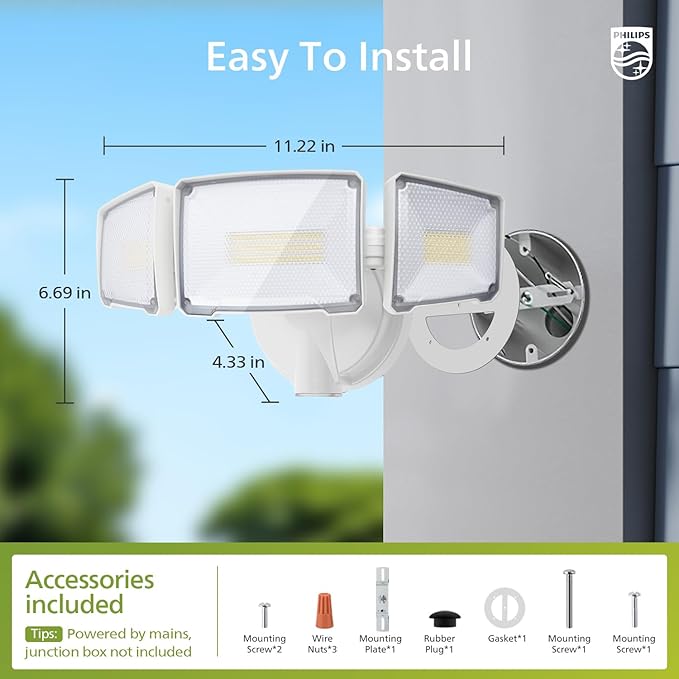 Philips 72W 7400LM LED Flood Lights Outdoor Dusk to Dawn Aluminum Security Lights 3 Adjustable Heads Wall Mount 5000K Daylight Waterproof for Yard Garage