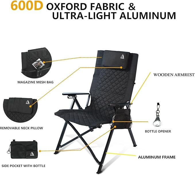 Aluminum Reclining Camping Chair Heavy Duty Folding Lawn Chairs with 4-Stage Adjustable High Back for Adults Compact Foldable Outdoor Patio Reclining Chair (Black 1 Pack)