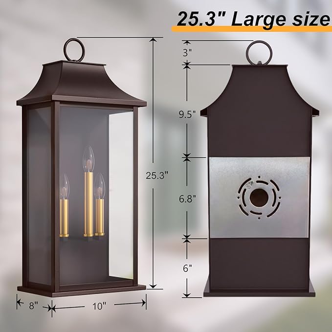 Dusk to Dawn Outdoor Wall Light 3-Light 25.3 Large Outdoor Light Fixture Oil Rubbed Bronze Exterior Wall Lantern Waterproof Outside Wall Sconce for House Porch Patio