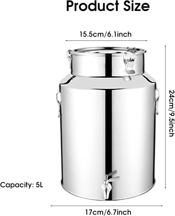 Milk Can 5L Stainless Steel Water Dispenser Honey Bucket with Spout Locking Sealed Lid for Wine Cooking Oil Milk Grains