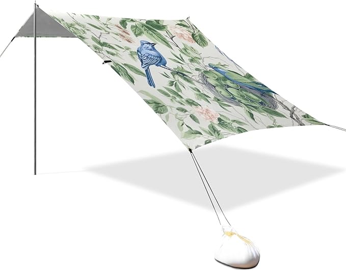 Birds and Leaves Beach Tent Sun Shelter 9.2' x 10.5' Beach Canopy with 4 Sandbags 4 Stability Poles Sand Shovels - Tent Canopy for Beach Camping Fishing Picnics