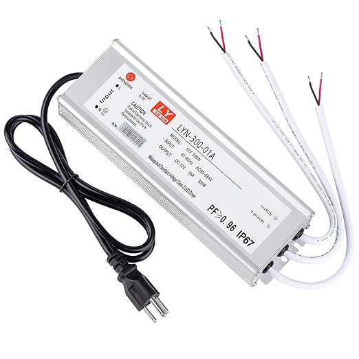 LED Driver 300 Watts (100W X3) 25A Waterproof IP67 Power Transformer Adapter 90-265V AC to 12V DC Low Voltage Output with 3-pin Plug 3.3 ft LED Cable for LED Lighting Outdoor Light and Any 12V DC
