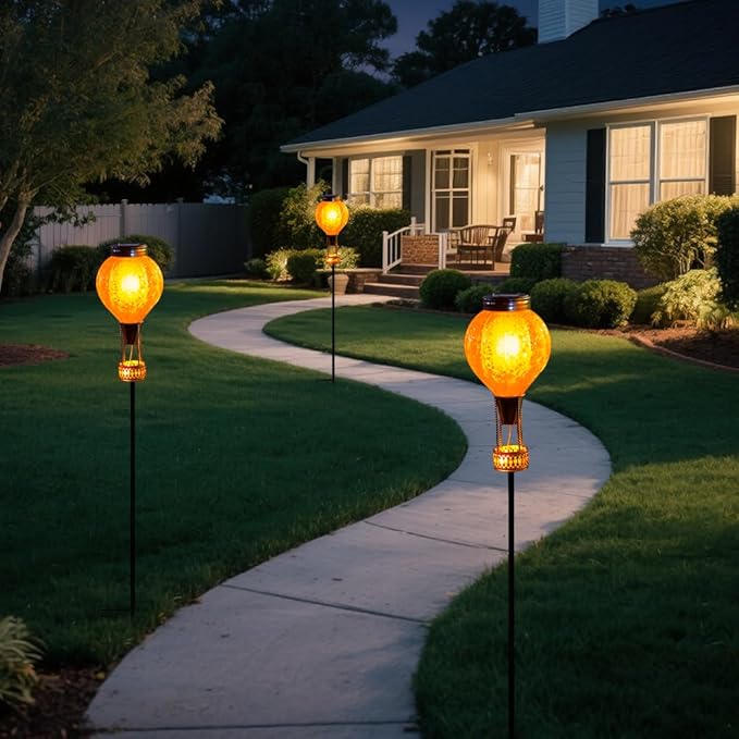 Outdoor Solar Lights Waterproof with Hot Air Balloon Flickering Flame Solar Garden Light Glass Landscape Lamp Stake Lights Outside Decor for Pathway Walkway Yard Patio