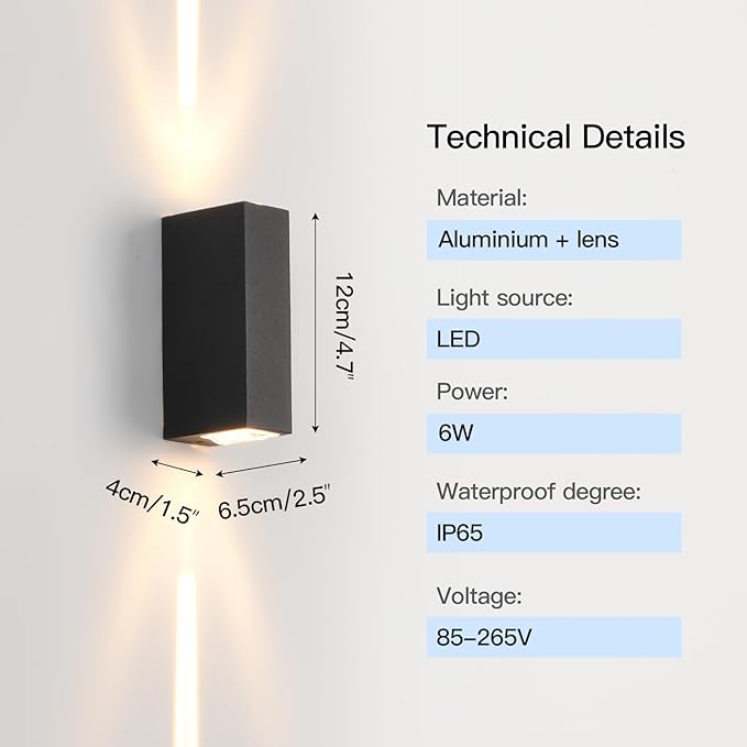 Outdoor Wall Light 2Pack LED Up and Down Lights IP65 Aluminum Waterproof Outdoor Wall Lamps Modern Porch Lantern Spotlights 3000k 6W Black Exterior Wall Sconces