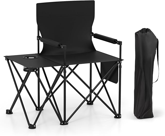 Goplus Oversized Camping Chair with Side Table Folding Heavy-Duty Picnic Chair w/ 2 Storage Pockets Cup Holder Padded Armrests Carrying Bag Portable Outdoor Chair for Fishing RV Trip (Black1)