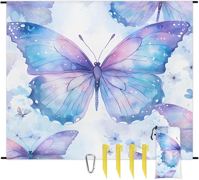 Waterproof Sandproof Beach Blanket 59''×68'' Butterfly Polyester Outdoor Picnic Blanket with 4 Stakes &amp Storage Bag for BeachCampingVacation Ice-Blue