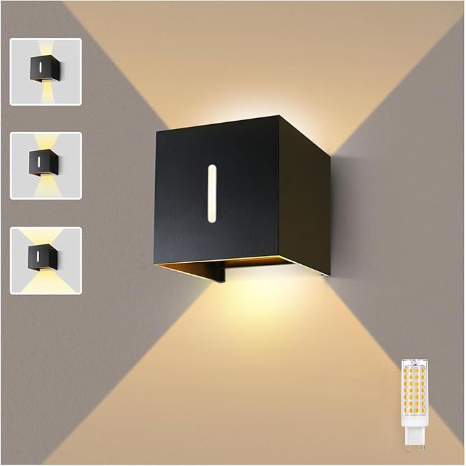 Outdoor Wall Lights G9 Socket Up and Down Lights IP65 Waterproof Wall Sconces Exterior/Interior Modern Square Aluminum Black Outdoor Wall Lighting Fixtures With 9W 3000K Bulb Adjustable Light Angle