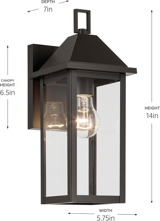 Kichler Prin 1-Light Outdoor Wall Light Updated Traditional Light with Clear Glass in Olde Bronze for Porch Patio or Garage (14 x 5.75) 59157OZ