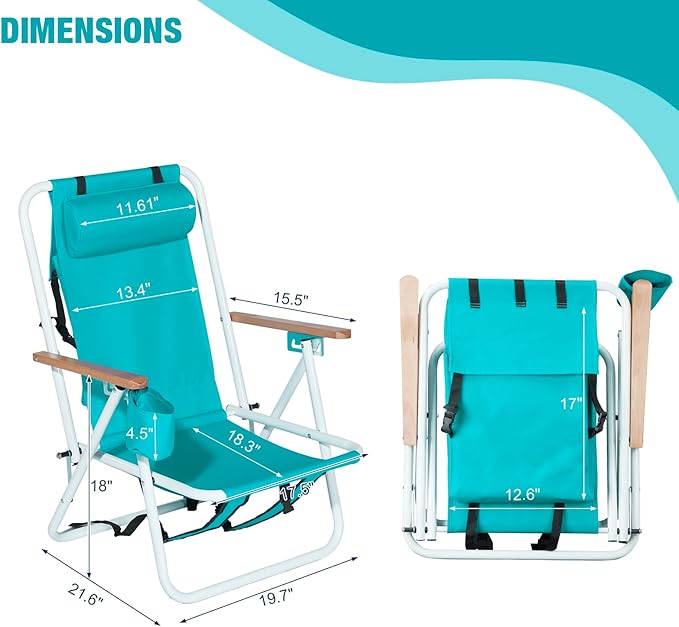Backpack Beach Chair 4 Position Folding Reclining Lounge Heavy Duty Steel Frame 330 lbs Capacity &amp Wooden Armrests Set of 2 23x21.7x31.5 Green