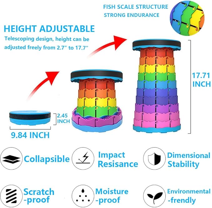 WESAPPINC Upgraded Collapsible Stool Lightweight &amp SturdyMax 400lbs Portable Retractable Telescoping Stool Foldable Camping Stool for Adults Outdoor Hiking Garden BBQ Fishing (Rainbow)