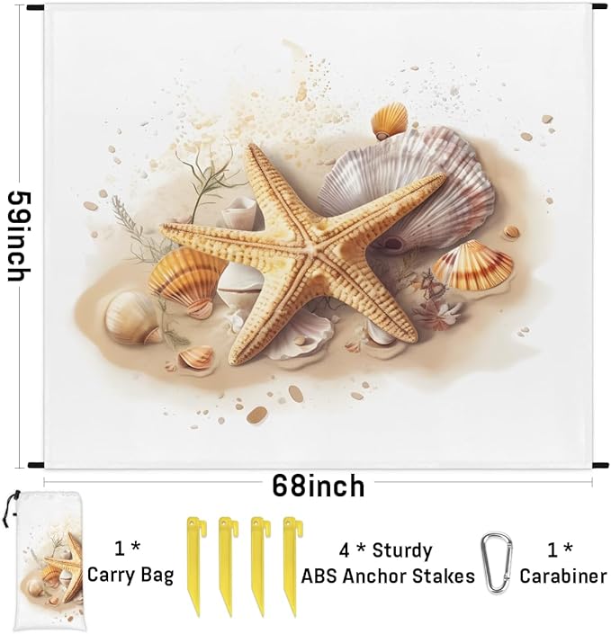 Waterproof Sandproof Beach Blanket 59''×68'' Oceans Polyester Outdoor Picnic Blanket with 4 Stakes &amp Storage Bag for BeachCampingVacation Starfish