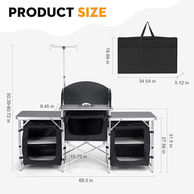 Camping Kitchen Table Folding TableOutdoor Cooking Table with Storage Carrying Bag Aluminum Cook Station with Windscreen and 3 Multifunctional Storage Cupboards BBQ Outdoor RV Party