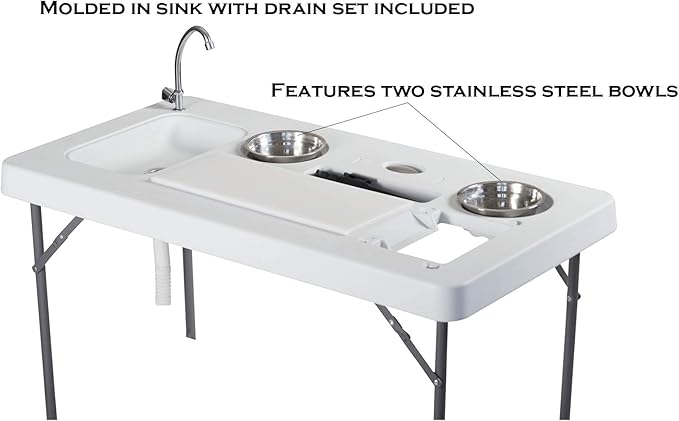 Old Cedar Outfitters Deluxe Fish Fillet Table or Portable Folding Camping Kitchen with Cutting Board Bowls Knife Odor Bar Sink Drain and More! 49.8 x 25.6 x 37.2 WhiteCamp
