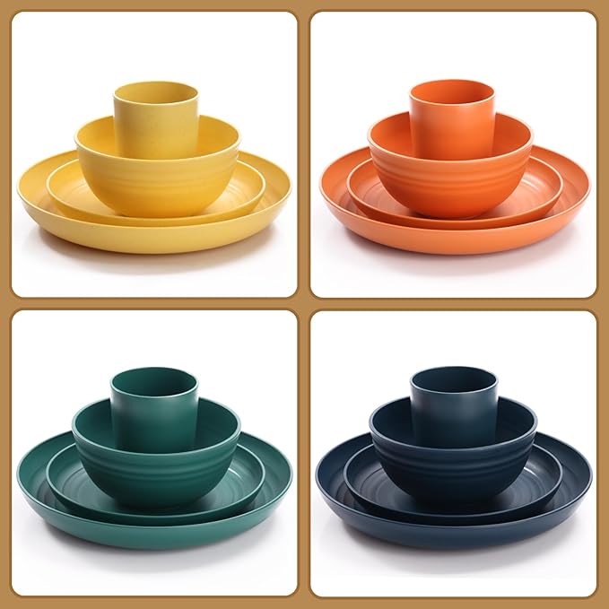 Wheat Straw Dinnerware Sets Unbreakable Plates and Bowls Sets for 8 Reusable Plastic Plates and Bowls 32Pcs Dishwasher Microwave Safe Plastic Dishes Kitchen RV Camping Outdoor