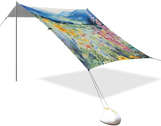 Beach Tent Sun Shelter Pink-Purple Wildflower Bushes Lightweight &amp Easy Setup Beach Shade Canopy for Camping Fishing