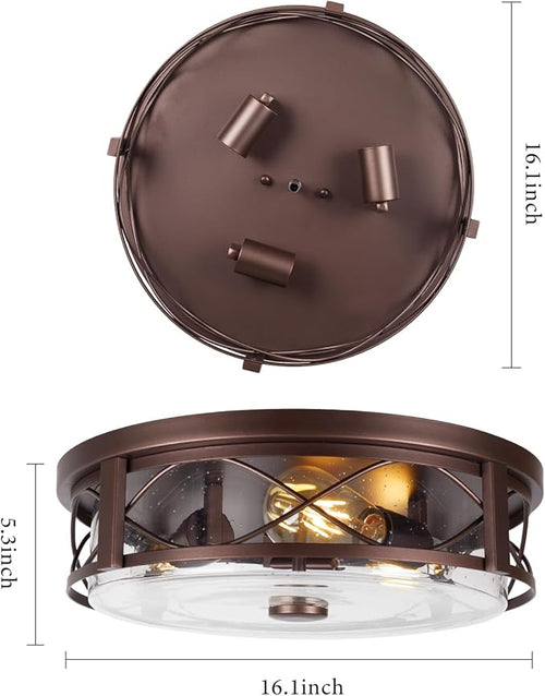 16 Inch Large Flush Mount Ceiling Light with Seeded Glass 3-Light Bronze Round Ceiling Lamp Modern Farmhouse Indoor Outdoor Ceiling Lighting for Kitchen Bedroom Living Dining Room