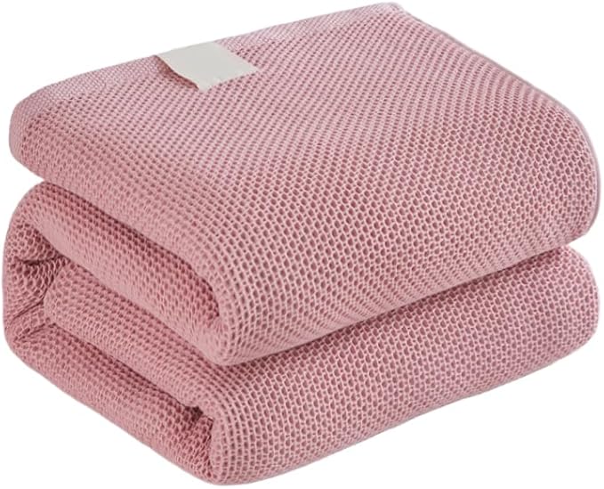 Bnitoam 100% Cotton Waffle Weave Blanket for Bed Couch Sofa 80x92 Ultra Soft Breathable Cooling Cellular Blanket for Adult Lightweight All Season Machine Washable (Pink 80x92)