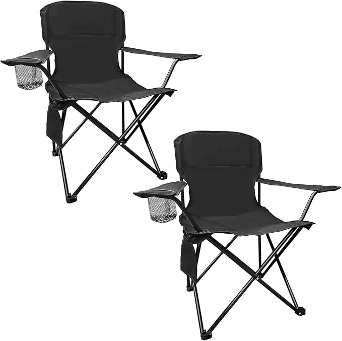 2PCS SAILARY Folding Outdoor Beach Camp Chair with Cup Holder Storage Pocket Waterproof Bag Outdoor Arm Chair Supports 225LBS Black