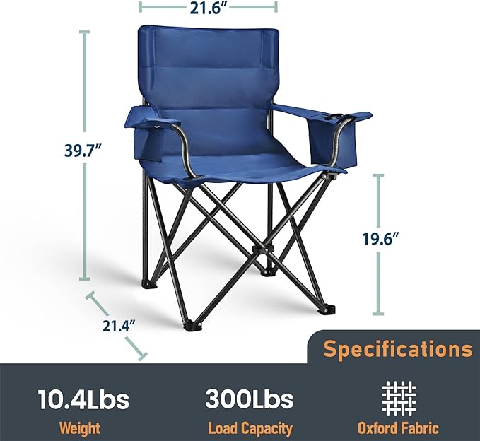 2 Pack Camping Chair Folding Heavy Duty with Cup Holder &amp Cooler Bag Oversized Portable Lawn Chair for Adults Tall and Lightweight 300 lbs Capacity for Beach Fishing Sports Travel