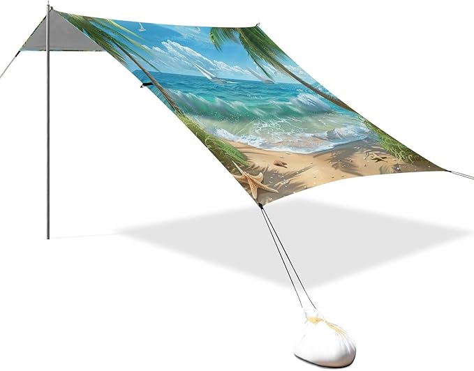 Beautiful Beach Scene Beach Tent Sun Shelter 9.2' x 10.5' Beach Canopy with 4 Sandbags 4 Stability Poles Sand Shovels - Tent Canopy for Beach Camping Fishing Picnics
