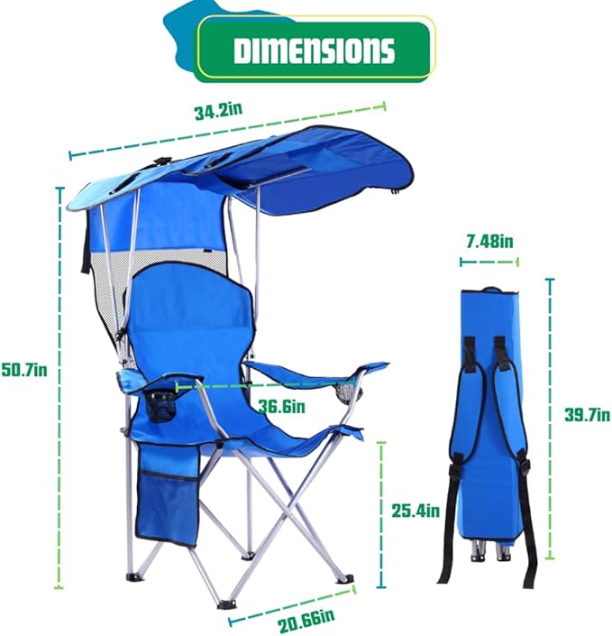 EZONE Folding Canopy Camp Chair for Outdoors Shade Canopy Portable Chair Camping Tailgates Beach Pool Lawn Chair Sunshade Travel Chair Folding Camping Chair (Upgraded - Blue)