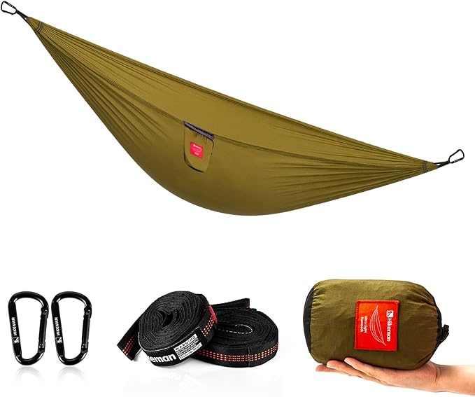 HIKEMAN Hammock for Camping Ultralight Hammocks Gear for Outdoors Backpacking Survival or Travel - Portable Lightweight Nylon - Up to 440lbs(Khaki)