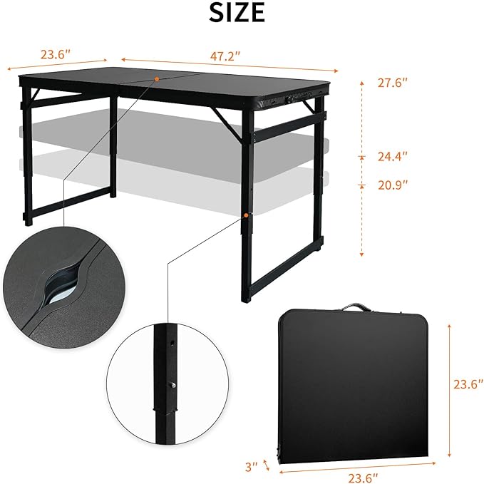 4FT x 2FT Folding Camping Table Adjustable Height with Umbrella Hole Aluminum Alloy Legs Foldable Portable Outdoor Table for Picnic Travel Parties Kids Craft Market Vendor Use