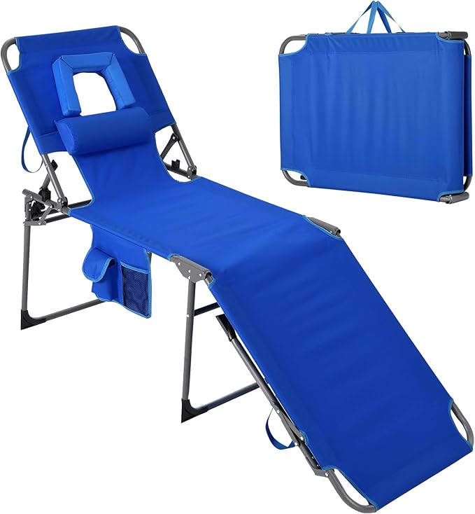 Tanning Chair with Face Hole Folding Beach Lounge Chair5-Position Adjustable Backrest Pillow &amp Side PocketPortable Face Down Chaise Lounge for Outdoor Backyard PoolsideBeach PatioBlue
