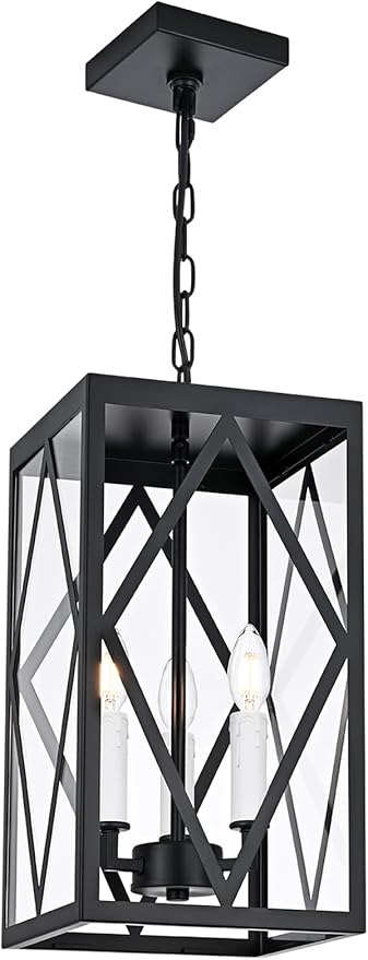 3 Lights Outdoor Pendant Light for Porch Black &amp White Exterior Hanging Light Fixture with Clear Glass Industrial Metal Cage Outside Chandelier Pendant for Porch Entryway Front Door Doorway