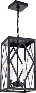 3 Lights Outdoor Pendant Light for Porch Black &amp White Exterior Hanging Light Fixture with Clear Glass Industrial Metal Cage Outside Chandelier Pendant for Porch Entryway Front Door Doorway