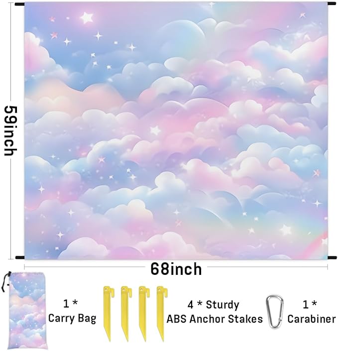 Waterproof Sandproof Beach Blanket 59''×68'' Color Cloud Polyester Outdoor Picnic Blanket with 4 Stakes &amp Storage Bag for BeachCampingVacation Fantasy Star