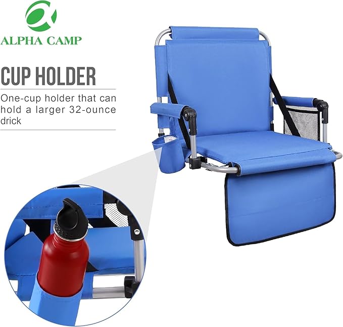 ALPHA CAMP Stadium Seat Padded Chair for Bleachers with Back&amp Arm Rest Blue2PC
