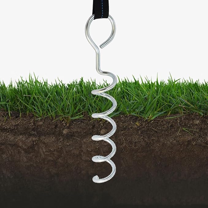 Toyvian Spiral Ground Anchor Tent Stakes Heavy Duty Steel Dog Tie-Out Stakes with Sturdy Webbing Set of 4 for Outdoor Camping and Pet Security