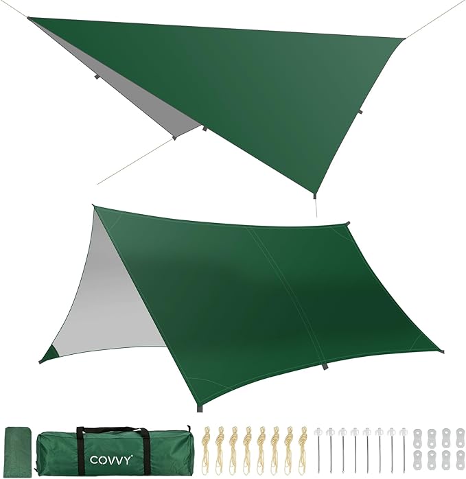 Rain Fly Hammock Waterproof Camping Tent Tarp COVVY Portable Multifunctional Camping Gear Equipment Lightweight Backpacking Shelter Awning for Outdoor Hiking Travel Fast Set Up with Tent Accessories