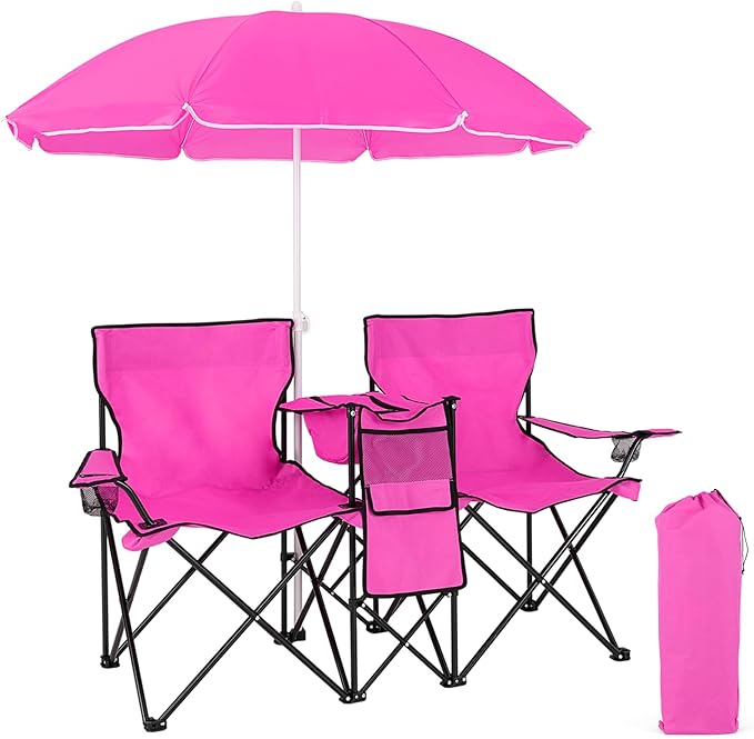 Beach Chair with Umbrella Portable Camping Chair with Cooler Bag Cup Holders Side Pocket Carrying Bag Double Folding Chair for Picnic Patio Canopy Outside (Pink)