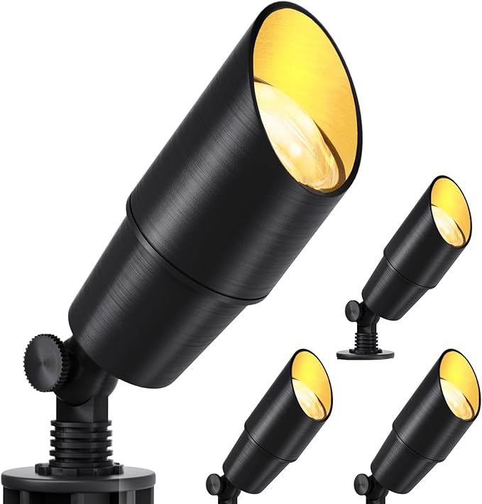 wowlite Matte Black Aluminum Outdoor Spot Lights with 4 Light Bulbs 5W 2700K Warmlight 12V Low Voltage Landscape Lighting Fixture IP65 Waterproof LED Uplights for Garden Courtyard Pathway 4 Pack