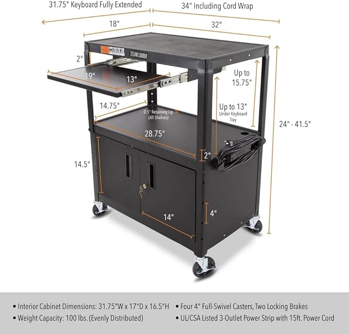 Line Leader Large AV Cart with Locking Cabinet | Height Adjustable Utility Cart with Pullout Keyboard Tray &amp Cord Management | UL Safety-Certified Computer Cart | Easy Assembly (32 x 18 x 42in)