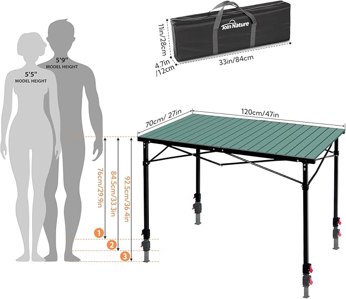 Portable Outdoor Adjustable Height Camping Table Large for 2-6 Person Foldable Roll-up Aluminum Camp Table with Carry Bag for Picnic Camp Sturdy Stable Loads 220 Lbs (Green)