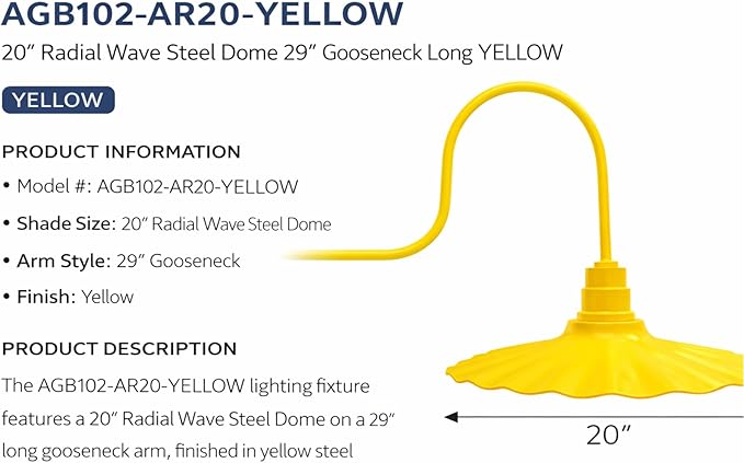 AGB102-AR20-YELLOW Radial Wave Steel Dome 29 Gooseneck Barn Light - Outdoor Dome with Incandescent Downlight | Wall-Mount Fixture Gardens Pathways &amp Outdoor Living Spaces
