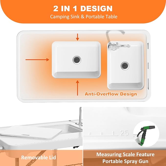 Folding Fish Cleaning Table with 2 Sinks 42.5'' Portable Camping Sink Table with Foldable Faucet Drainage Hose Sprayer Storage BoxDrawer &amp Grooves Outdoor Fillet Station for Picnic White