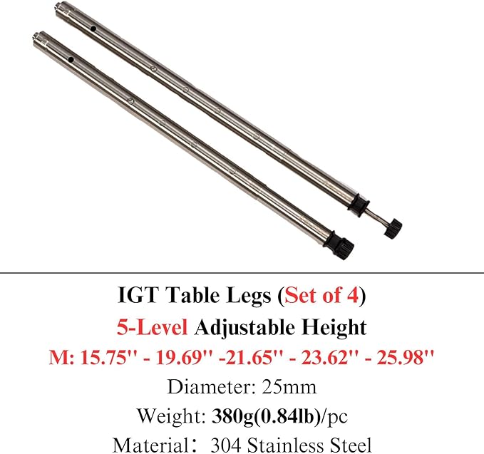 IGT Camping Table Legs 304 Stainless Steel Adjustable Height Telescopic Design Tool-Free InstallationCompatible with Most IGT Frames Outdoor Cooking Picnic BBQ (Set of 4) (M (15.7”–26.0”))