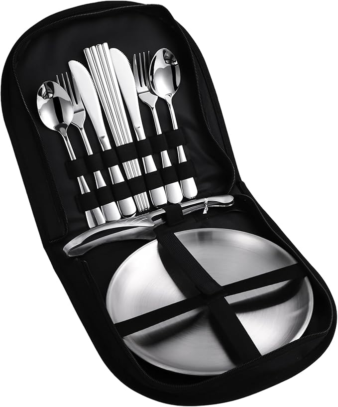 Stainless Steel Outdoor Camping Mess Kits - Includes Forks Spoons Knives Chopsticks Food Clip Plates - Portable Cutlery Bag