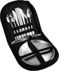 Stainless Steel Outdoor Camping Mess Kits - Includes Forks Spoons Knives Chopsticks Food Clip Plates - Portable Cutlery Bag