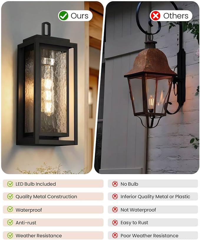 KIZON 15 Modern Outdoor Wall Lights with Seeded Glass Waterproof Black Outdoor Sconce Lights with LED Bulb Included Large Metal Exterior Lighting Fixtures for Porch Garage Entryway Patio